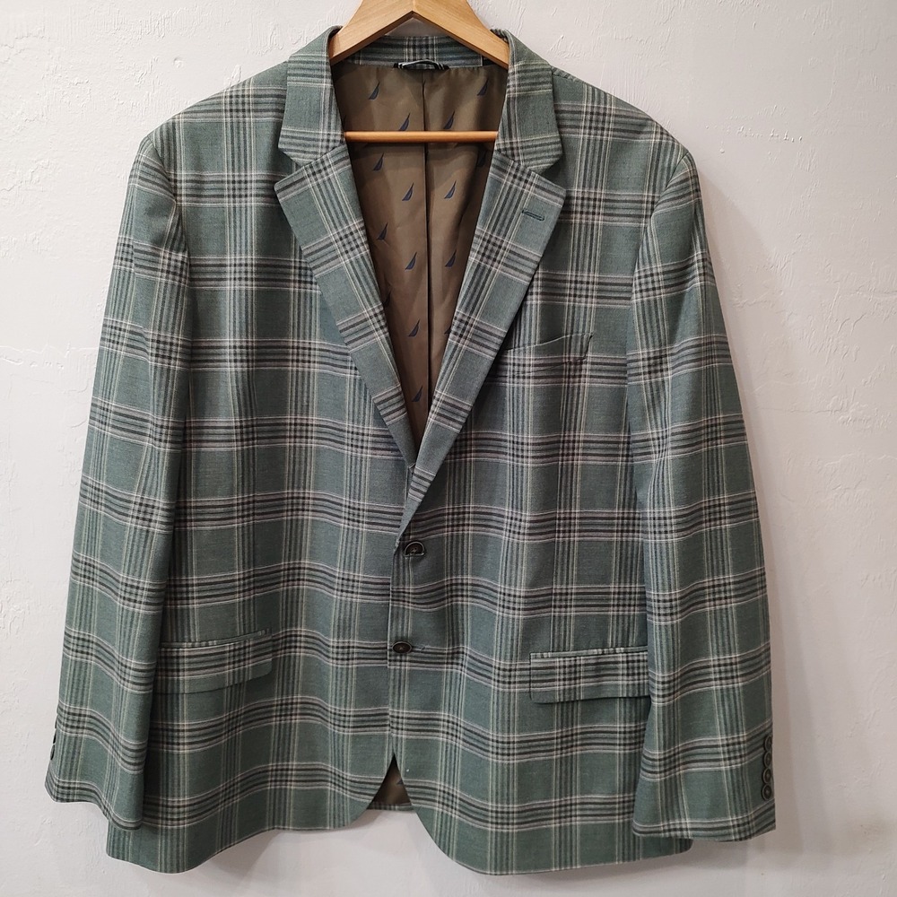 Nautica Mens Modern Fit Suit Jacket 50 Regular  Green Navy Plaid Formal Business